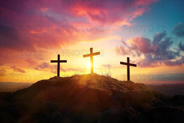 Easter concept three crosses on Golgotha Calvary hill against a dramatic sunset, AI generated
