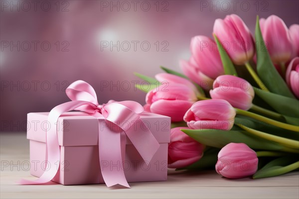 Gift Box with Pink Ribbon Beside bouquet of Fresh Tulips on Bokeh Background. Good for Valentine day, March 8, mother day, spring holidays, birthday designs, AI generated