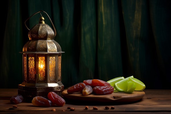 Ramadan lantern with a plate of succulent figs on dark background, set on an ornate table with intricate designs, evoking the rich traditions and serene moments of the holy month, AI generated