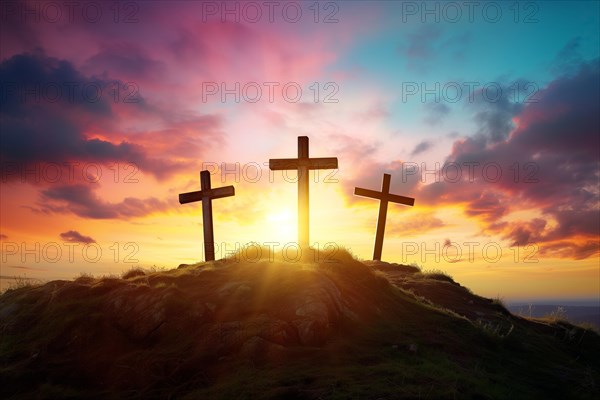 Easter concept three crosses on Golgotha Calvary hill against a dramatic sunset, AI generated