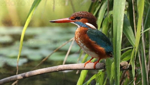 KI generated, animal, animals, bird, birds, biotope, habitat, a, individual, water, perch, reeds, water lilies, blue sky, foraging, wildlife, summer, seasons, white-throated kingfisher (Halcyon smyrnensis)