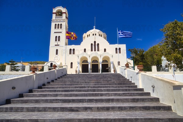 Church with grand staircase, Santorini, Cyclades, Greece, Europe