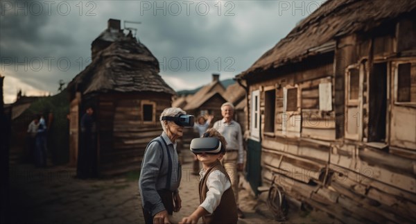 Child in the village wearing VR glasses in virtual reality, AI generated