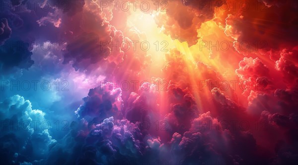 Dramatic lighting with vibrant red and purple clouds evoking an ethereal atmosphere, ai generated, AI generated