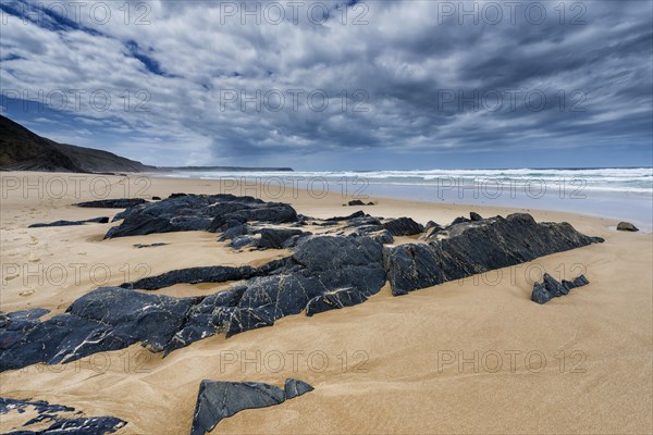 Rocky beach landscape, rocks, sea, Atlantic coast, rocky coast, rock formation, natural landscape, travel, nature, coastal landscape, geology, geological history, Atlantic Ocean, beach, stone, weather, bad, cloudy, holiday, Southern Europe, Carrapateira, Algarve, Portugal, Europe