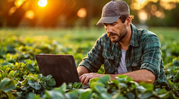 Man using a laptop in a field of crops with the sunset in the background, ai generated, AI generated