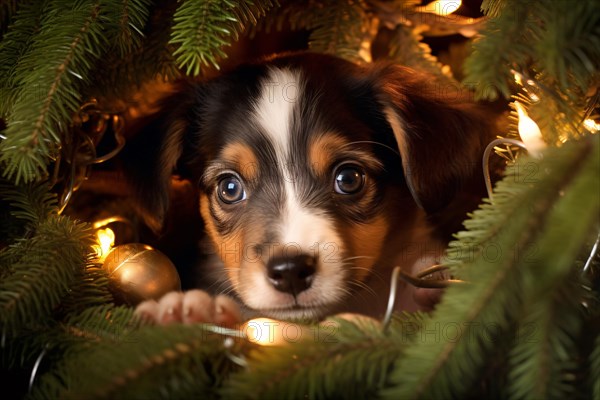 Cute dog puppy hiding in Christmas tree with electric candles. KI generiert, generiert AI generated