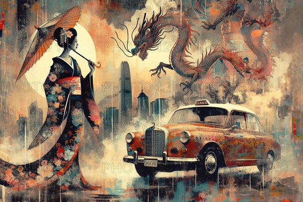 Sepia-toned art deco mural of a geisha with dragons and a vintage taxi cab car in a cityscape, shunga vintage japanese themed style art, AI generated
