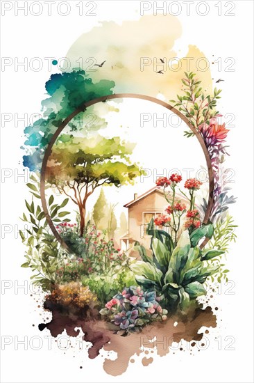 Abstract watercolor garden scene within a circular frame, featuring a house and lush greenery, Spring garden background illustration, generated ai, AI generated