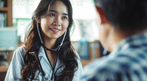 A smiling female doctor with a stethoscope engaging in a friendly consultation, ai generated, AI generated