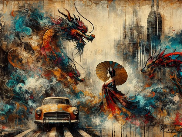 Surreal artwork showing a brave confident asian woman woman walking with an umbrella facing a dragon near a vintage yellow car and skyscrapers, japanese themed shunga style based, AI Generated, AI generated