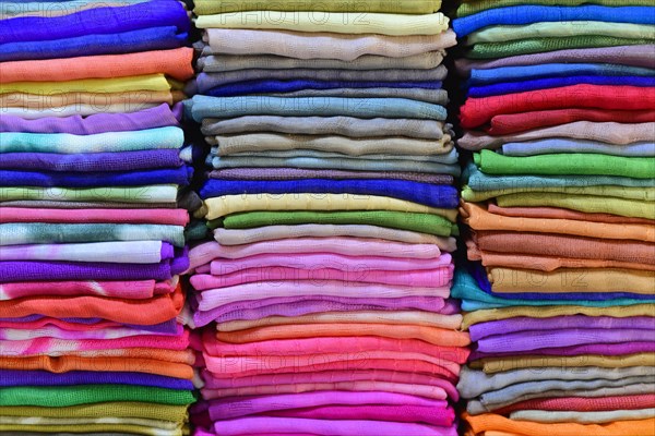 Colourful fabrics, weaving, Inle Lake, Myanmar, Asia