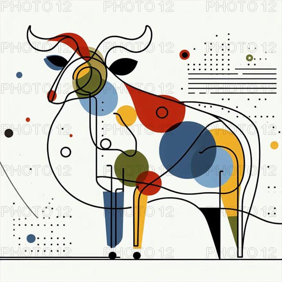 Modern abstract geometric depiction of a colorful bull with simple shapes, continuous line art, creature is stylized and simplified to the most basic geometric forms, exaggerated features, adorned with splashes of primary colors, clean white solid background, with subtle geometric shapes and thin, straight lines that intersect with dotted nodes and overlap the figures. The overall aesthetic is modern and contemporary, AI generated