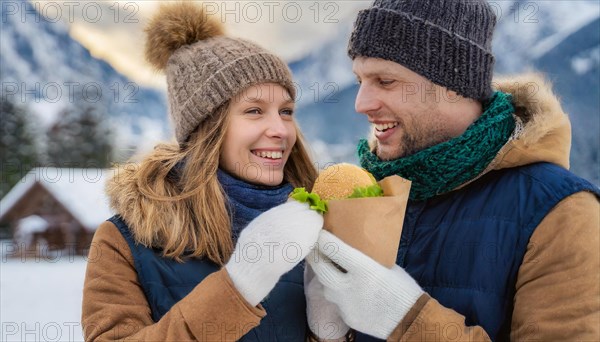 AI generated, human, humans, person, persons, man, woman, woman, 25, 30, years, two, outdoor, ice, snow, winter, seasons, eats, eat, drinks, drinking, cap, bobble hat, gloves, winter jacket, cold, cold, burger, hamburger, coffee to go, coffee, coffee mug