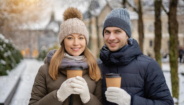 AI generated, human, humans, person, persons, man, woman, woman, 25, 30, years, couple, two persons, outdoor shot, ice, snow, winter, seasons, drinks, drinking, coffee to go, coffee, coffee mug, cap, bobble hat, gloves, winter jacket, cold, coldness