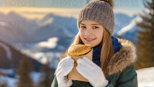 AI generated, human, humans, person, persons, woman, woman, 18, 20, years, one, outdoor, ice, snow, winter, seasons, eats, eating, burger, hamburger, cap, bobble hat, gloves, winter jacket, cold, coldness