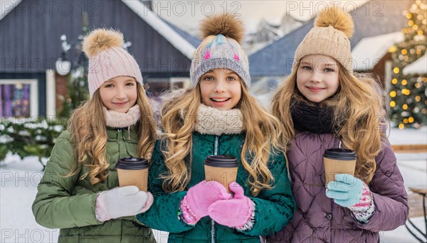 AI generated, human, humans, person, persons, woman, woman, three persons, coffee, coffee mug, coffee to go, outdoor shot, ice, snow, winter, seasons, drinks, drinking, cap, bobble hat, gloves, winter jacket, cold, cold, portrait