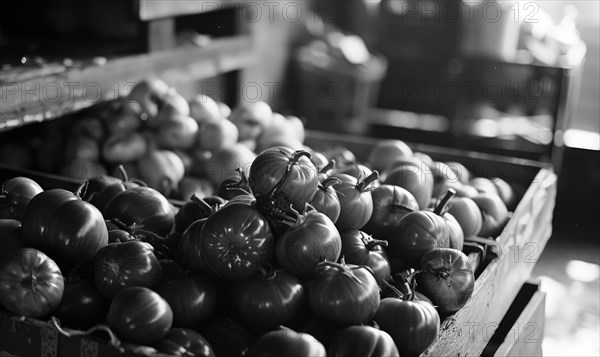 Tomatoes in a wooden box on the market. Black and white AI generated