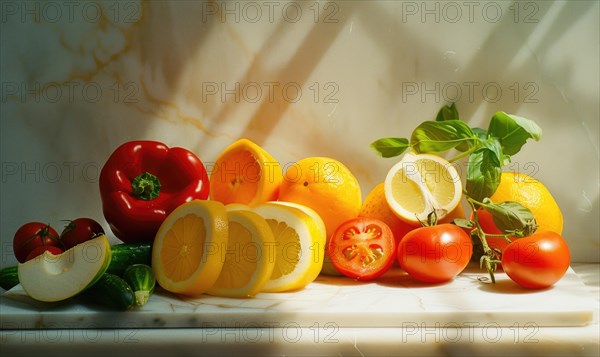 Vegetables and fruits on a wooden table in the rays of the sun. AI generated