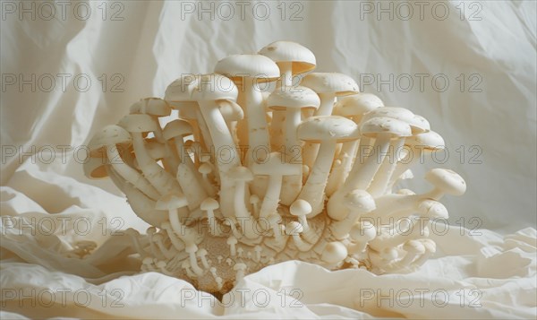 Shimeji mushrooms on white fabric background. Shimeji mushrooms. AI generated