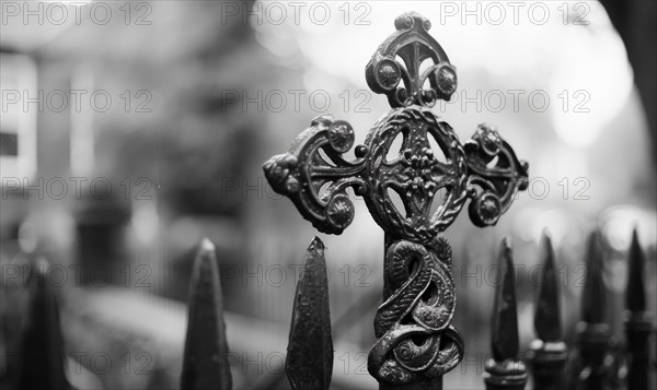 Black and white image of a Celtic cross on a grave in a cemetery, copy space. AI generated