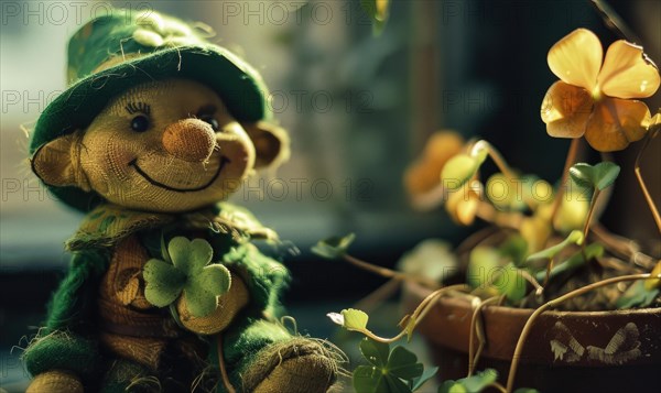 St. Patrick's day background with green leprechaun doll. AI generated