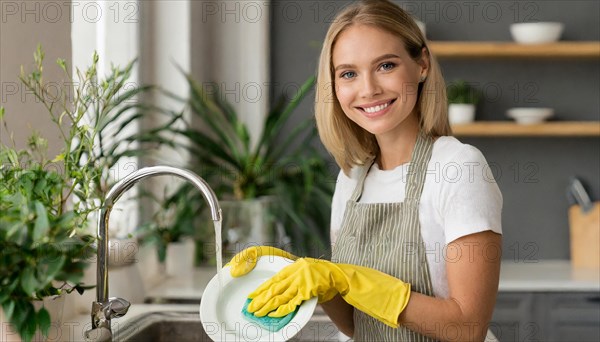 AI generated, woman, woman, 30, 35, blonde, blond, blonde, kitchen, sink, kitchen table, dishes, washing up, washing dishes, plates, cups, glasses, dishcloth, gloves, cleaning, water, polishing cloth, polishing, clean, cleanliness, housewife, mother, family