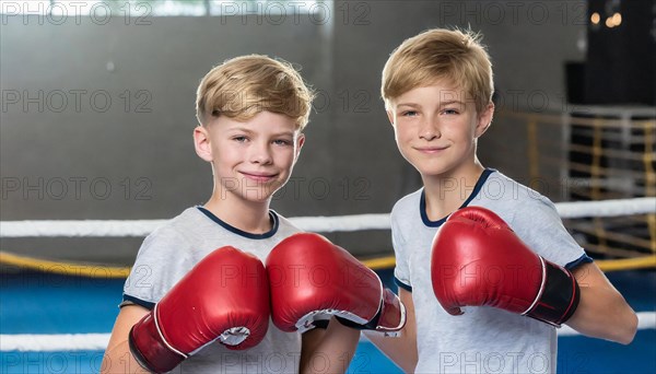 AI generated, boy, boys, 8, 10, years, Thai, sport, boxing, gloves, Thai boxing, Muay Thai, two people, portrait, athletic, fight, fighting, popular sport, Thai boxer, boxing, boxing ring, European