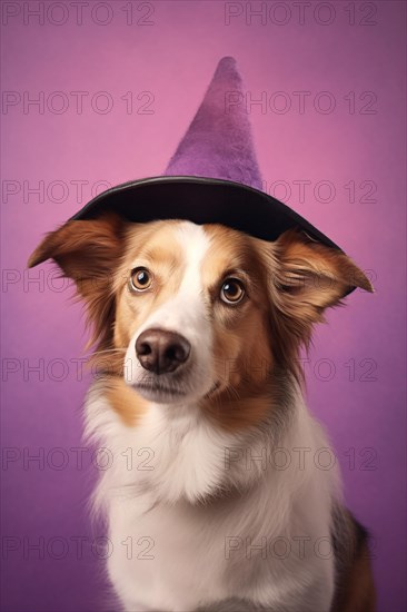 Dog with Halloween witch hat on purple background. KI generiert, generiert AI generated