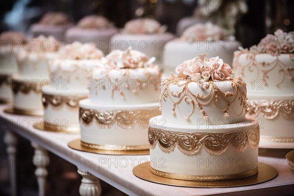 Display of elegant wedding cakes at wedding fair. KI generiert, generiert AI generated