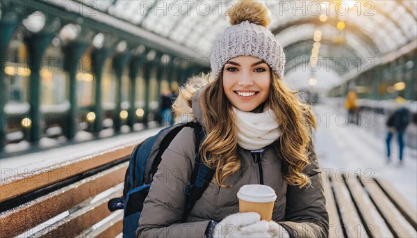 AI generated, A young blonde woman wants to travel and waits for the train at the station, 20, 25, blonde, blond, blonde, modern, noderne, aluminium suitcase, handbag, winter jacket, boots, sexy, attractive, attractive, long-haired, transport, traffic, coffee to go in hand, coffee, coffee cup