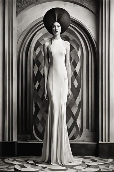 Longlimbed Woman in a sleek high fashion slim dress standing symmetrically in an architecturally designed hall, AI generated
