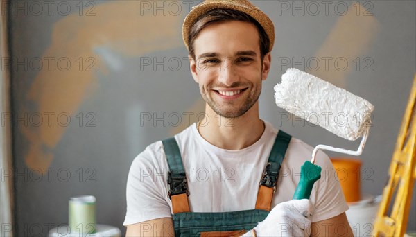 AI generated, man, men, a painter paints a wall with new white paint, father, renovation of old flat, paint roller, ladder, white, white paint, 25, 30, years, a, person, occupation, occupations, leisure activity, family, smiles, smiling, fun at work, laughing, laughing, laughing, friend, partner, man