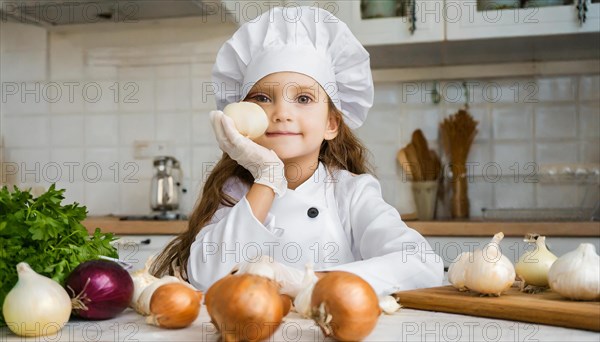 AI generated, human, humans, person, persons, child, children, 8 year old girl cutting onions in a white kitchen, chef hat, smock, cute, cute, beautiful eyes, beautiful teeth, cook, cook, kitchen table, vegetables, onions, garlic