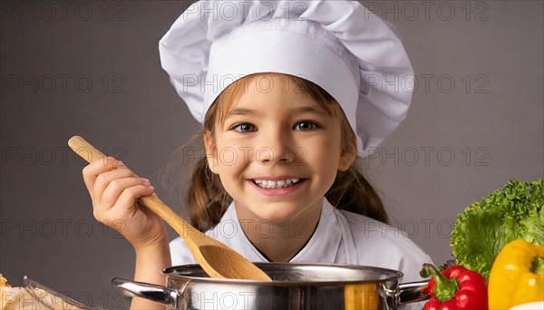 AI generated, human, humans, person, persons, child, children, 8 year old girl cooking a vegetable soup in a white kitchen, chef's hat, smock, cute, cute, cute, beautiful eyes, beautiful teeth, cook, cook, kitchen table, vegetables, onions, garlic