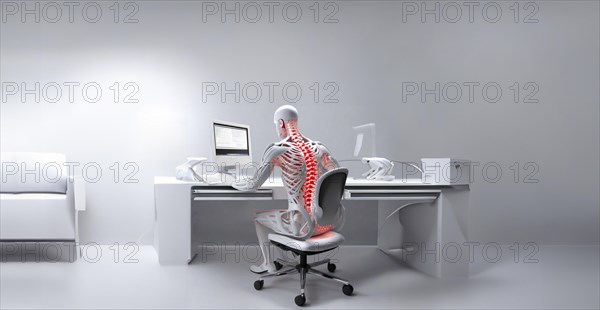 Diseases of the spine when working at a computer, sedentary work, stress on the skeleton and spine, AI generated