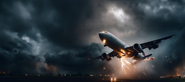 Plane crash, plane burns in stormy sky, emergency landing of plane, AI generated