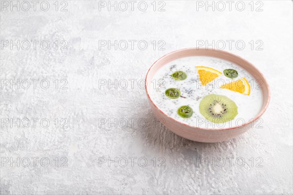 Yogurt with kiwi, gooseberry, chia in ceramic bowl on gray concrete background. Side view, copy space