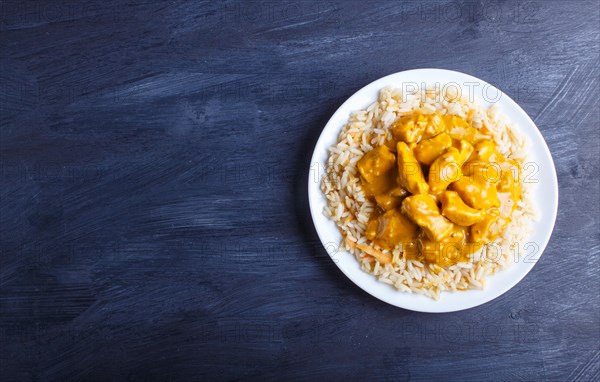 Rice with chicken curry sauce with cashew on black wooden background. top view, copy space