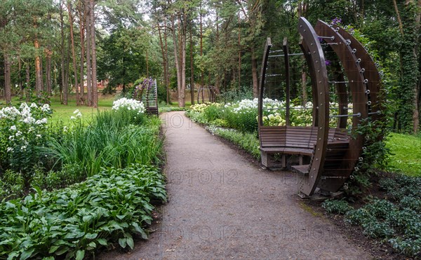 A forest park with large trees and creative benches and arches. Druskinikai, Lithuania, Europe