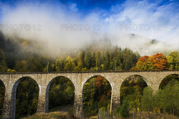 Railway bridge in the Ravenna Gorge, Hoellental in autumn, near Freiburg im Breisgau, Black Forest, Baden-Wuerttemberg, Germany, Europe