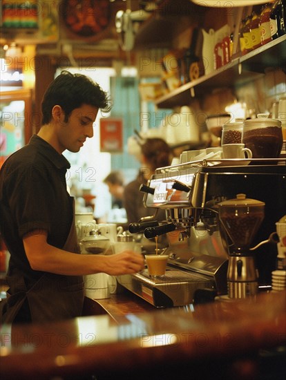 Preparing coffee in a cafeteria in Barcelona, AI generated