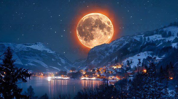 The red full moon rises oversized behind the mountains at dusk, in the foreground a small village on a lake, the lights of the settlement are reflected in the water, AI generated, AI generated