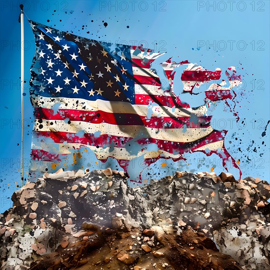 Symbolic image of a torn nation, the flag of the USA shreds in the wind and slowly disintegrates, AI generated, AI generated