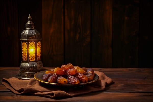 Ramadan lantern with a plate of succulent figs on dark background, set on an ornate table with intricate designs, evoking the rich traditions and serene moments of the holy month, AI generated