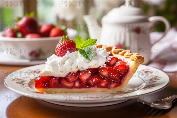 Slice of strawberry pie with cream on plate. KI generiert, generiert AI generated