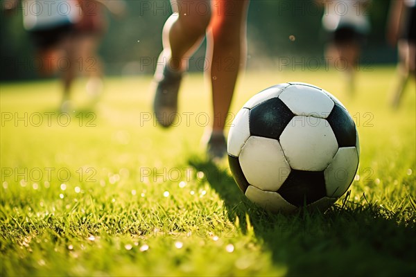 Woman sport. Soccer ball being kicked by woman's legs on grass sports field. KI generiert, generiert AI generated