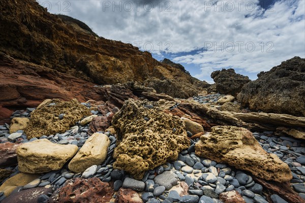 Rocky beach landscape, rocks, sea, Atlantic coast, rocky coast, rock formation, natural landscape, red, beach, Atlantic, ocean, travel, nature, geology, geological history, Southern Europe, Carrapateira, Algarve, Portugal, Europe