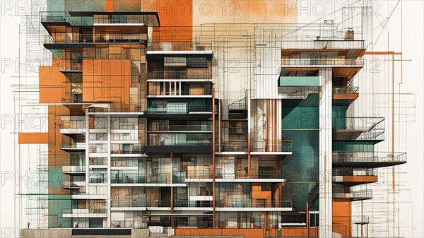 Modern architecture sketch with an abstract mix of design plans and green and rusty orange tones, horizontal aspect ratio, off white background color, AI generated