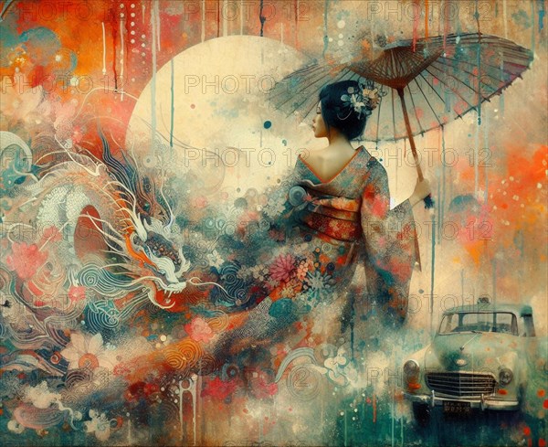Artistic depiction of a asian woman geisha style with an umbrella and a dragon against a surreal rainy backdrop with a vintage car, japanese themed shunga art style based, AI Generated, AI generated